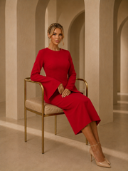 Rochie Rosie eleganta midi conica din crep elastic, cu maneci clopot si decolteu rotund