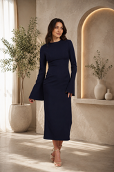 Rochie eleganta midi conica din crep elastic Bleumarin, cu maneci clopot si decolteu rotund