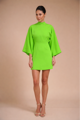 Rochie mini Verde Deschis din crep elastic, tip kimono, cu guler inalt si maneci evazate