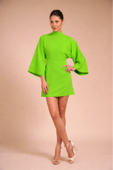 Rochie mini Verde Deschis din crep elastic, tip kimono, cu guler inalt si maneci evazate