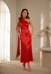 Rochie Rosie midi eleganta din satin pe umar, cu detaliu floral si croiala midi
