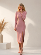 Rochie eleganta midi conica din crep elastic Roz Prafuit, cu maneci lungi si crapatura