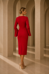 Rochie Rosie eleganta midi conica din crep elastic, cu maneci clopot si decolteu rotund