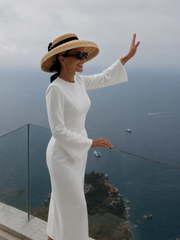 Rochie eleganta midi conica din crep elastic Alb, cu maneci clopot si decolteu rotund