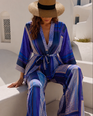 Set din satin pantaloni si kimono print alb albastru