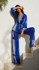 Set din satin pantaloni si kimono print alb albastru