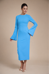Rochie eleganta midi conica din crep elastic Sky Blue, cu maneci clopot si decolteu rotund