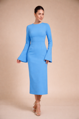 Rochie eleganta midi conica din crep elastic Sky Blue, cu maneci clopot si decolteu rotund