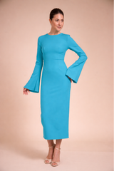 Rochie eleganta midi conica din crep elastic Turcoaz, cu maneci clopot si decolteu rotund