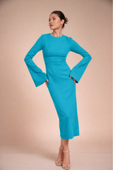 Rochie eleganta midi conica din crep elastic Turcoaz, cu maneci clopot si decolteu rotund