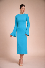 Rochie eleganta midi conica din crep elastic Turcoaz, cu maneci clopot si decolteu rotund
