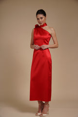 Rochie Rosie midi eleganta din satin pe umar, cu detaliu floral si croiala midi