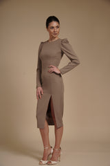 Rochie eleganta midi conica din crep elastic Greige, cu maneci lungi si crapatura