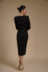 Rochie Neagra eleganta midi conica din crep elastic, cu maneci lungi si crapatura