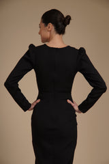 Rochie Neagra eleganta midi conica din crep elastic, cu maneci lungi si crapatura