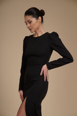 Rochie Neagra eleganta midi conica din crep elastic, cu maneci lungi si crapatura