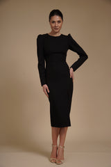 Rochie Neagra eleganta midi conica din crep elastic, cu maneci lungi si crapatura