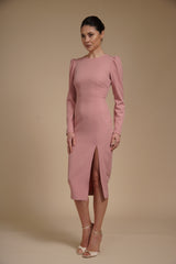 Rochie eleganta midi conica din crep elastic Roz Prafuit, cu maneci lungi si crapatura