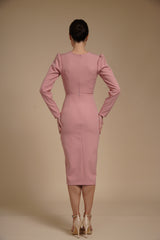 Rochie eleganta midi conica din crep elastic Roz Prafuit, cu maneci lungi si crapatura