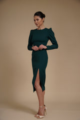 Rochie eleganta midi conica din crep elastic Verde Smarald, cu maneci lungi si crapatura