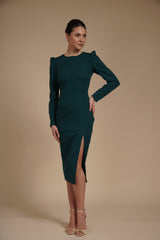 Rochie eleganta midi conica din crep elastic Verde Smarald, cu maneci lungi si crapatura