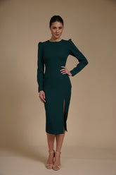 Rochie eleganta midi conica din crep elastic Verde Smarald, cu maneci lungi si crapatura