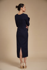 Rochie eleganta midi conica din crep elastic Bleumarin, cu maneci clopot si decolteu rotund