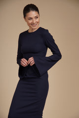 Rochie eleganta midi conica din crep elastic Bleumarin, cu maneci clopot si decolteu rotund