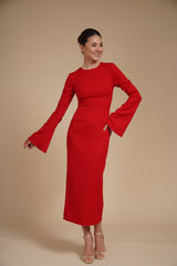 Rochie Rosie eleganta midi conica din crep elastic, cu maneci clopot si decolteu rotund