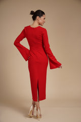 Rochie Rosie eleganta midi conica din crep elastic, cu maneci clopot si decolteu rotund