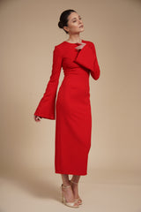 Rochie Rosie eleganta midi conica din crep elastic, cu maneci clopot si decolteu rotund