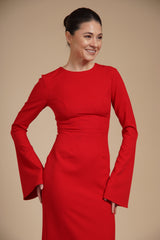 Rochie Rosie eleganta midi conica din crep elastic, cu maneci clopot si decolteu rotund