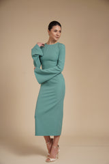 Rochie eleganta midi conica din crep elastic Verde Ou de Rata, cu maneci clopot si decolteu rotund