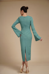Rochie eleganta midi conica din crep elastic Verde Ou de Rata, cu maneci clopot si decolteu rotund