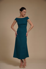 Rochie elegantă midi A-line din crep elastic Verde Marin cu decolteu bardot