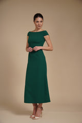 Rochie elegantă midi A-line din crep elastic Verde Smarald cu decolteu bardot