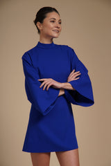 Rochie mini Albastru Regal din crep elastic, tip kimono, cu guler inalt si maneci evazate