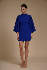 Rochie mini Albastru Regal din crep elastic, tip kimono, cu guler inalt si maneci evazate