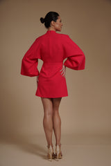 Rochie mini Fucsia din crep elastic, tip kimono, cu guler inalt si maneci evazate