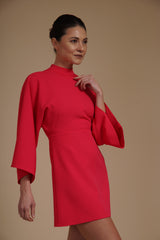 Rochie mini Fucsia din crep elastic, tip kimono, cu guler inalt si maneci evazate