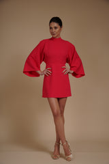 Rochie mini Fucsia din crep elastic, tip kimono, cu guler inalt si maneci evazate