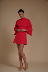 Rochie mini Fucsia din crep elastic, tip kimono, cu guler inalt si maneci evazate