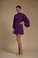Rochie mini Violet din crep elastic, tip kimono, cu guler inalt si maneci evazate