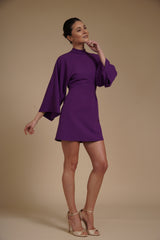 Rochie mini Violet din crep elastic, tip kimono, cu guler inalt si maneci evazate