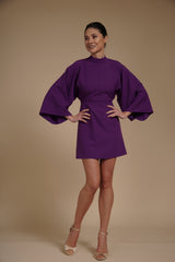 Rochie mini Violet din crep elastic, tip kimono, cu guler inalt si maneci evazate