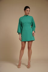 Rochie mini Verde Menta din crep elastic, tip kimono, cu guler inalt si maneci evazate