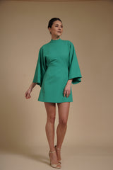 Rochie mini Verde Menta din crep elastic, tip kimono, cu guler inalt si maneci evazate