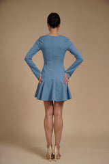Rochie mini cambrata A-line Bleu din crep elastic, cu mâneci lungi