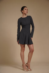 Rochie mini cambrata A-line Gri Antracit din crep elastic, cu mâneci lungi