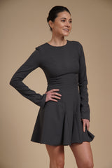 Rochie mini cambrata A-line Gri Antracit din crep elastic, cu mâneci lungi